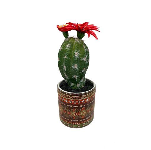 Cactus with Red Blossom in Orange Mexican Tile Planter - 195008C