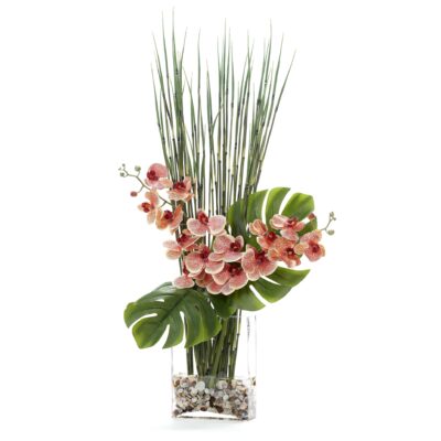 Red Cream Orchids, Horsetail Reed, and Philo Leaves in Panel Vase - 231201