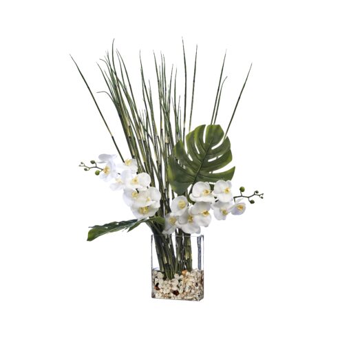White Orchids, Horsetail Reed, and Philo Leaves in Panel Vase - 231202