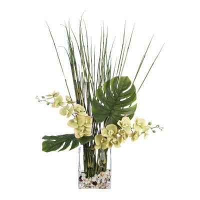 Orchids, Horsetail Reed, and Philo Leaves in Panel Vase - 231203
