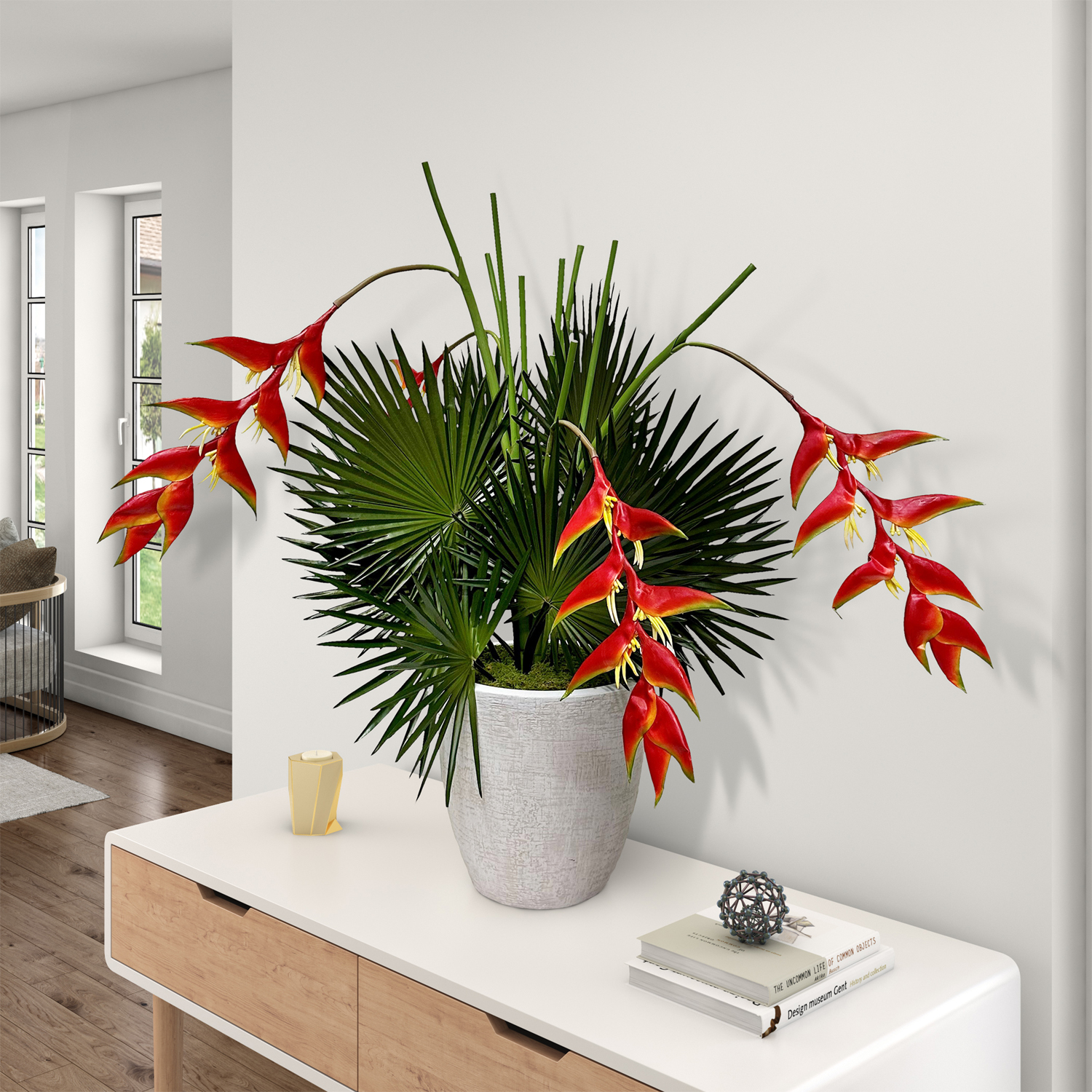 Heliconia and Fan Palms in Hudson Planter - 231206 - Image 2