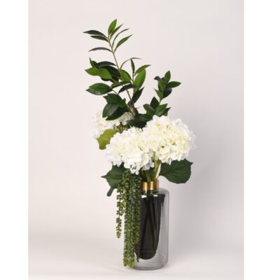 White Hydrangea Arrangement in Large Smoke Vase - 217025