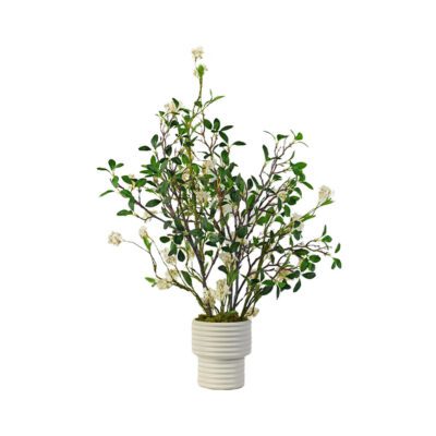 Hydrangea Stems with Greenery in White Ribbed Vase - 217074