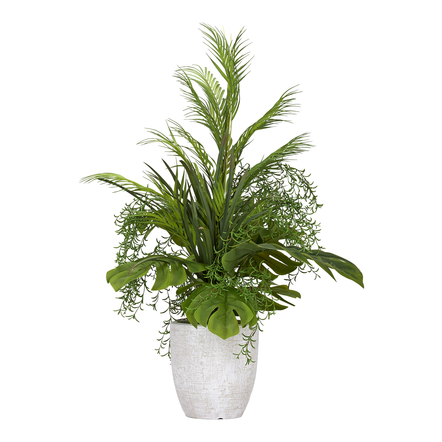 Areca Grass and Assorted Tropical Greenery in White Etched Planter - 225049
