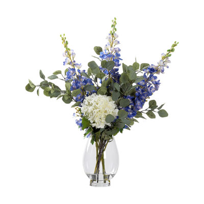 Hydrangeas, Delphiniums, and Silverdollar Branch in Glass Pedestal - 231055