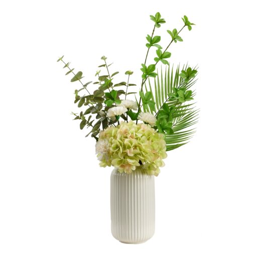 Green Hydrangea Arrangement in White Ceramic Pot - 231106
