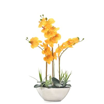 Orange Real Touch Orchids in Silver Cement Pot - 231117