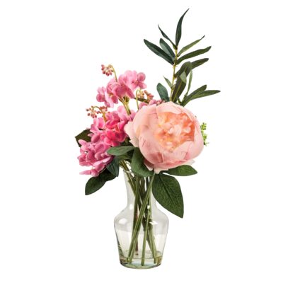 Mixed Pink Flowers And Greenery in Glass Vase - 231135