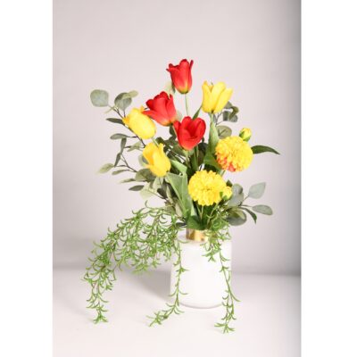 Tulips, Dahlias, and Mixed Greenery in White Cylinder with Gold Rim - 234001
