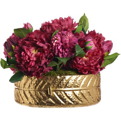 Peonies and Dahlias in Low Gold Leaf Planter - 234013