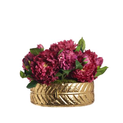 Peonies and Dahlias in Low Gold Leaf Planter - 234013