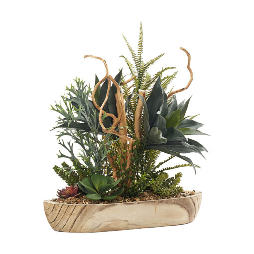 Assorted Succulents and Ferns with Sandblasted Dragonwood in Ambrose Oval Bowl - 246026