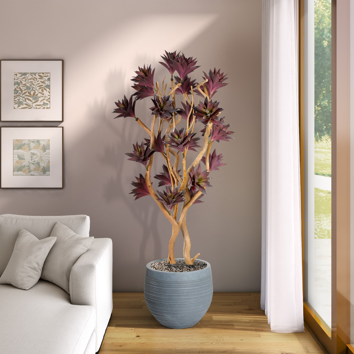 Frosted Purple Succulent Tree w/ Sandblasted Dragonwood in Riband Planter 7.5' - 324326 - Image 2