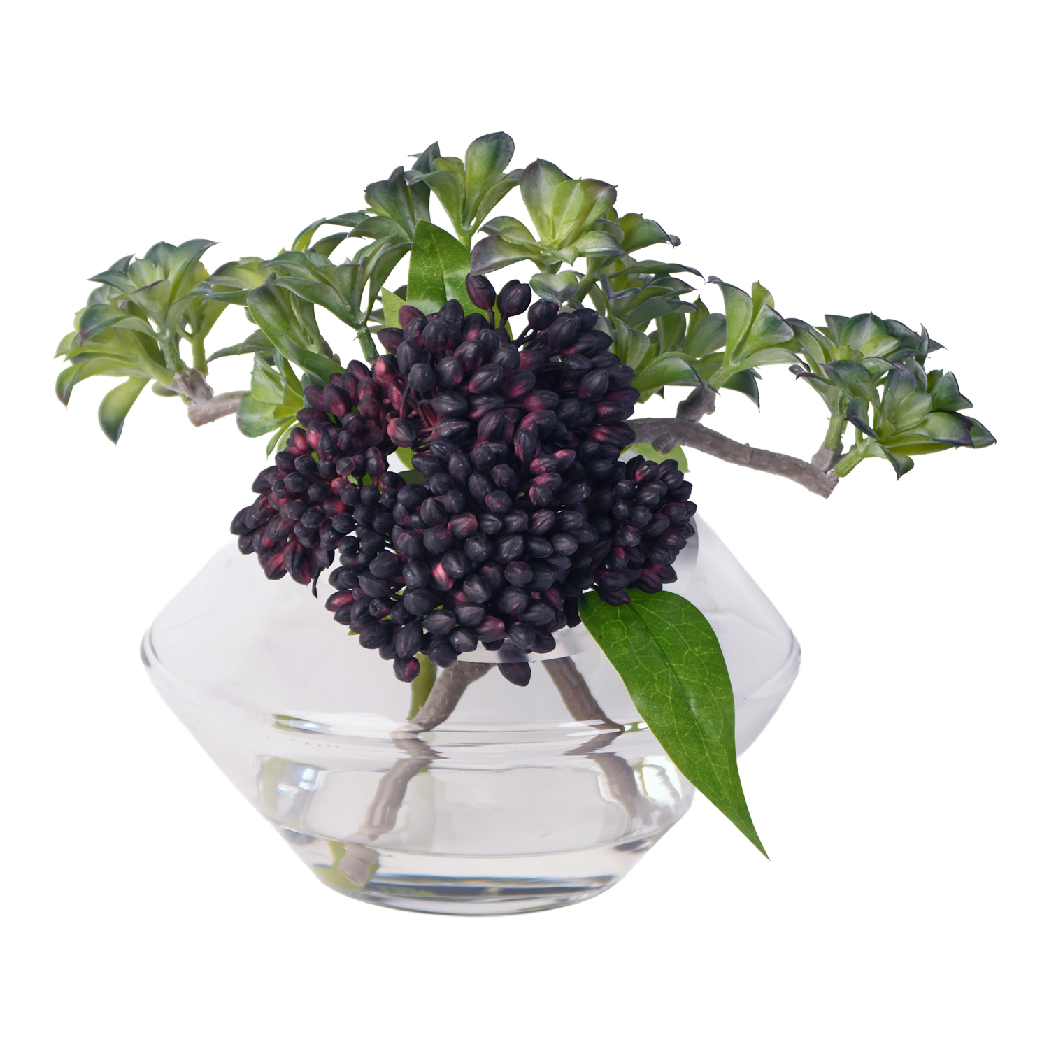Sedum Spray and Succulents in Glass Vase - 218019