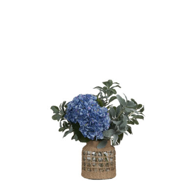 Blue Hydrangea and Lamb's Ear in Jute Wrapped Glass Vase