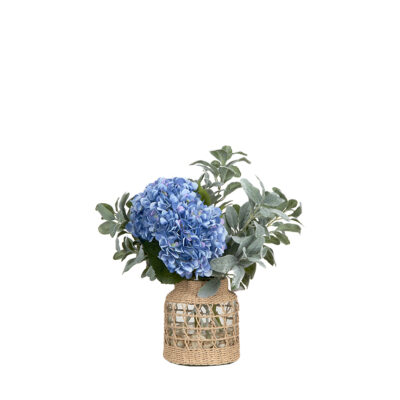 Blue Hydrangeas & Lamb's Ear in Jute Wrapped Glass Vase - 254019