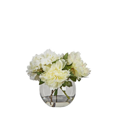 Hydrangeas and Peonies in Glass Bubble Bowl