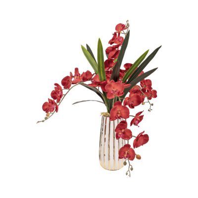 Deep Red Orchids & Orchid Leaves in White/Gold Ceramic Planter - 7251014