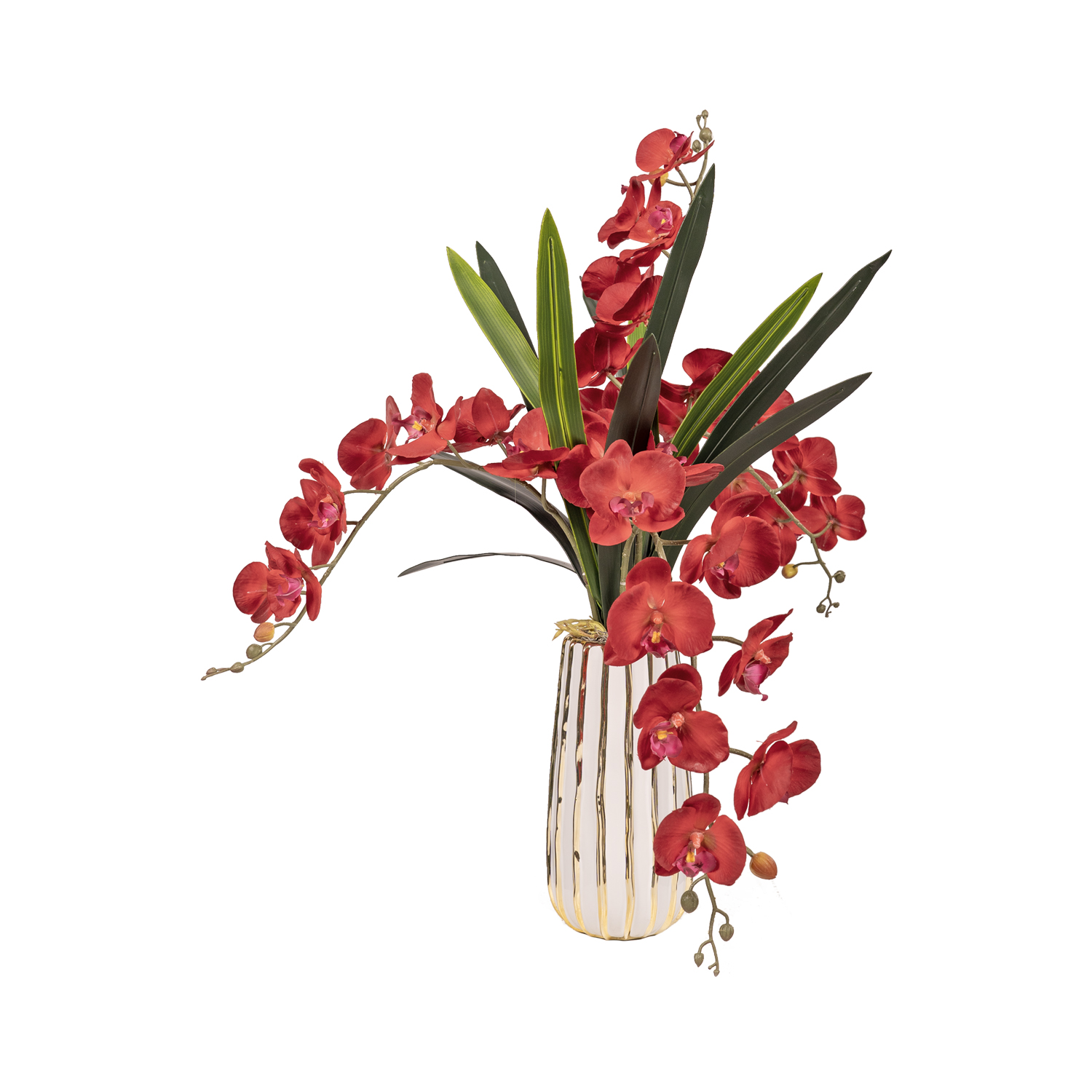 Deep Red Orchids & Orchid Leaves in White/Gold Ceramic Planter - 7251014