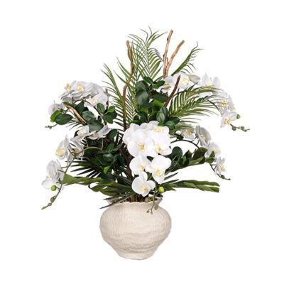 Real Touch Orchids, Greenery & Tiger Wood in Clouded Clay Planter - 260009