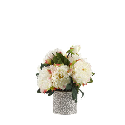 White Peonies in Cement Cylinder w/Pattern - 182001