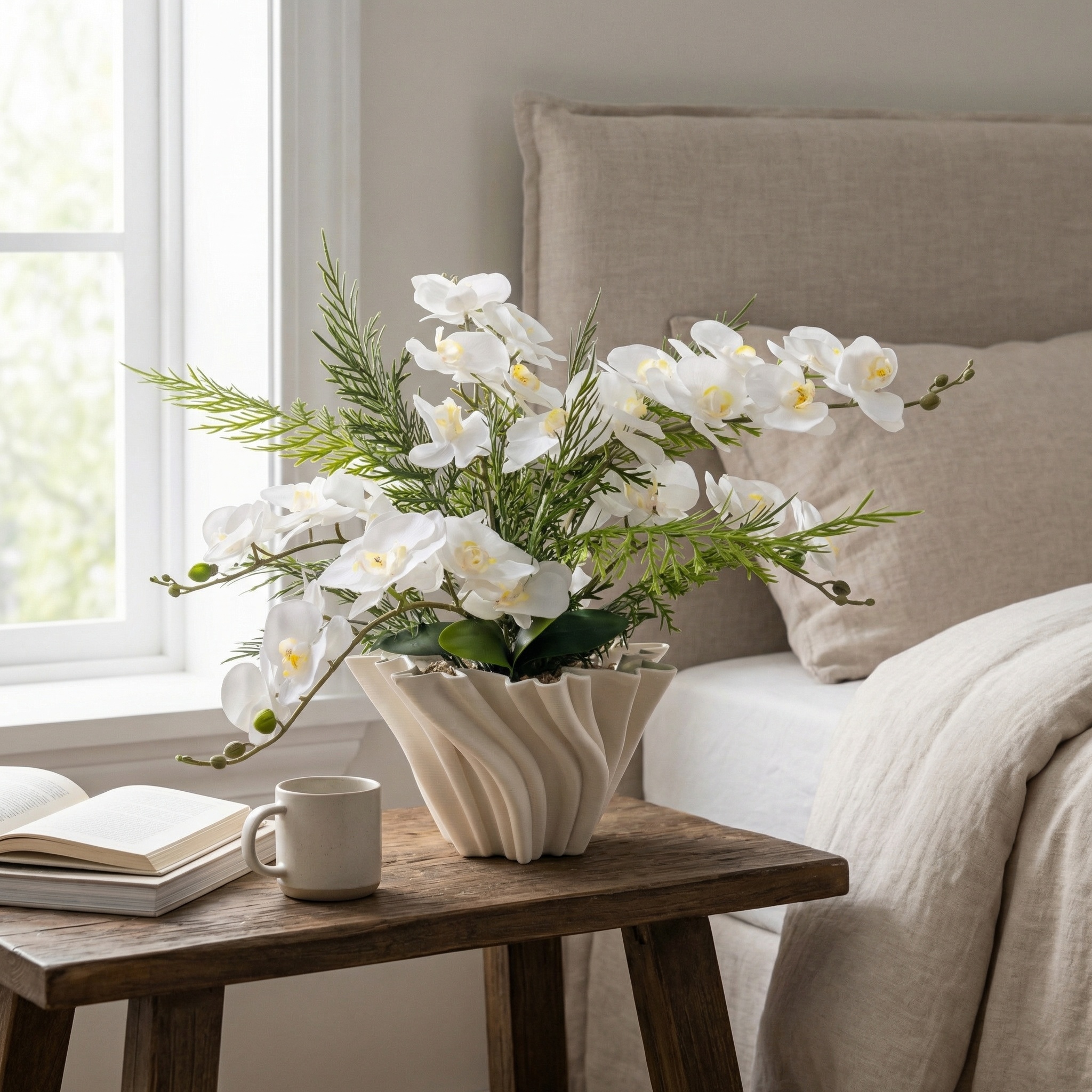 White Orchids, Deer Fern & Orchid Leaves in Spiral Bloom Pot - 264016 - Image 2