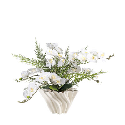 White Orchids, Deer Fern & Orchid Leaves in Spiral Bloom Pot - 264016