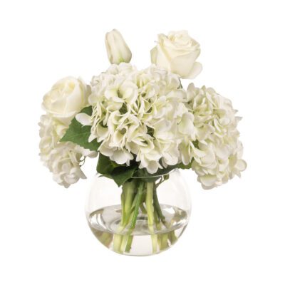 Hydrangeas, Tulips and Roses in Aqua Orb Bowl - 264069