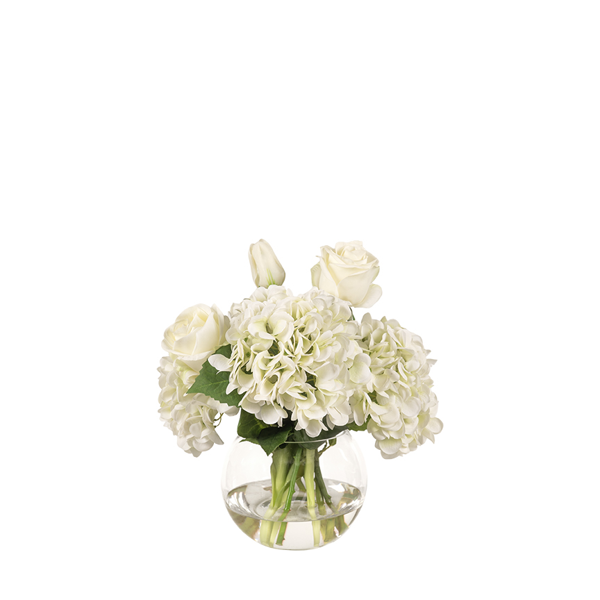 Hydrangeas, Tulips & Roses in Aqua Orb Bowl - 264069