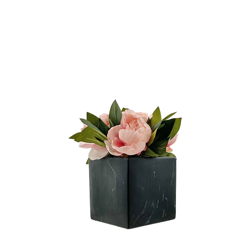 Pink Peonies in Round Square Black Marble Planter - 7264012