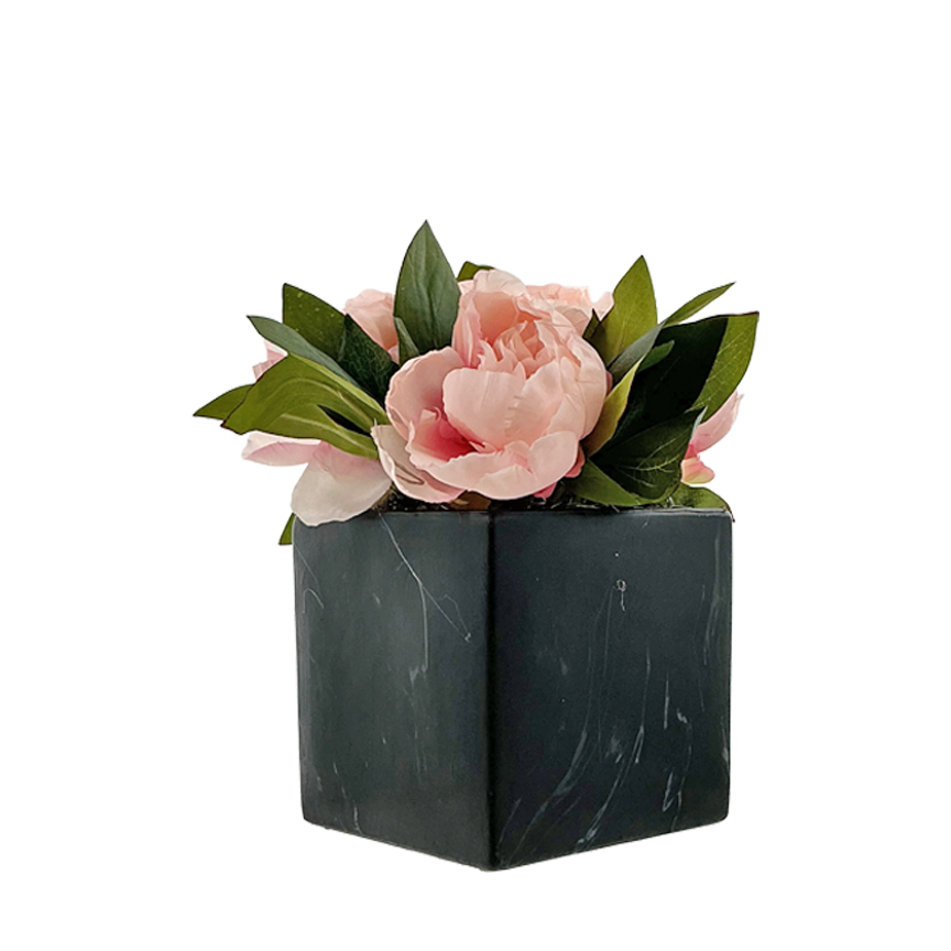 Pink Peonies in Round Square Black Marble Planter - 7264012 - Image 2