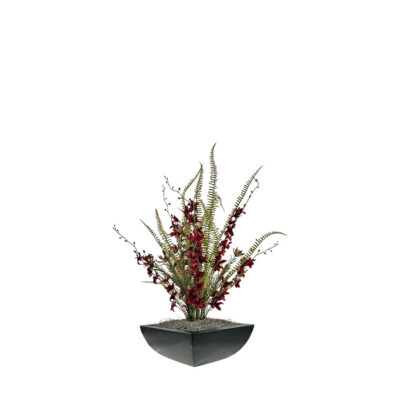 Protea Spray, Burgundy Orchids, Fern Leaves in Keel Planter - 7264028