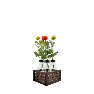 Orange/Yellow Ranunculus in Wood Crate w/4 Glass Bottles - 7264031