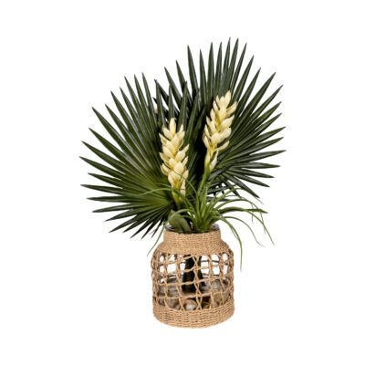 Mini Ginger Sprays w/ Fan Palms and Tillandsia in Jute Wrapped Glass Vase - 269003