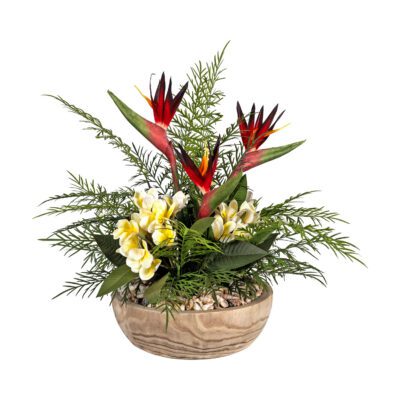 Bird of Paradise, Yellow Frangipani & Deer Fern in Round Wooden Bowl - 269004