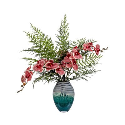 Coral Phal Orchids w/ Fern in Green/Gray Glass Vase - 269008