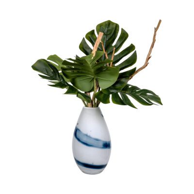 Split Leaf Philo Leaves w/ Tigerwood in Blue/White Glass Vase