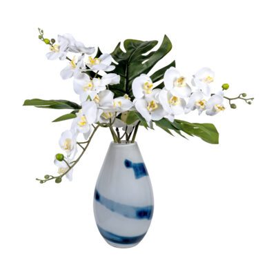 Orchids w/ Split Leaf Philo Leaves in Blue/White Glass Vase - 269010